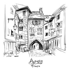 Vector black and white , city view with Gorgeous medieval arch gate Sepulchre Gate on the street Rue Sainte-Claire in Old Town of Annecy, France.