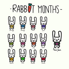 Rabbit months calendar cartoon vector doodle illustration