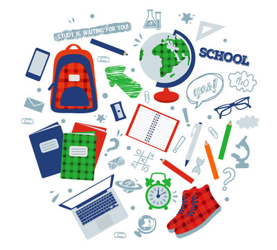 vector illustration of painted objects for school: backpack, globe, sneakers, microscope, textbooks, alarm clock, notepad, pencil, sharpener, pen, glasses, ruler