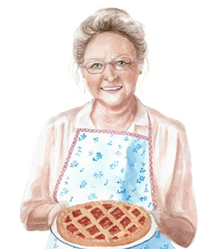 a watercolor illustration of a gray-haired grandmother or aunt from the village in an apron with a pie in her hands, a drawing of a cook woman