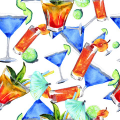 Tropical cocktails are made in watercolor. Beautiful wallpaper, seamless pattern