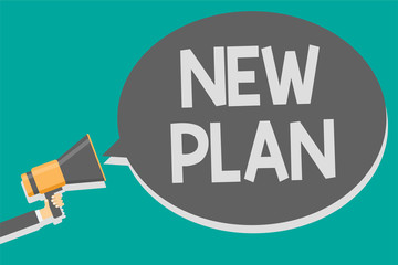 Word writing text New Plan. Business concept for Start of a detailed proposal of doing or achieving something Megaphone loudspeaker loud screaming scream idea talk talking speech bubble.