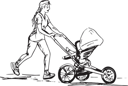 Sketch Of Woman Running With Buggy