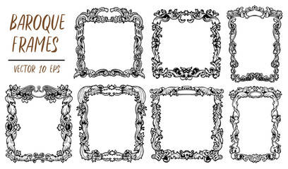 Set with black and white vector baroque frames in decorative retro ornament style. Hand drawn vector illustration, engraved drawings for cards, posters, invitations, print