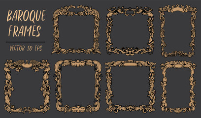 Set with gold baroque frames in rococo style with retro ornament. Hand drawn vector illustration, engraved drawings for cards, posters, invitations, print