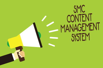 Conceptual hand writing showing Smc Content Management System. Business photo showcasing mangae creation and modification of posts Man holding megaphone green background message speaking loud.