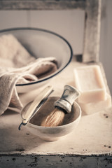 Vintage shaving set with foam, razor and brush