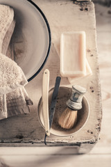 Classic tools for shave. Sharp razor, soap and brush
