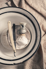 Classic barber equipment. Sharp razor, soap and brush
