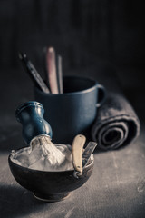 Vintage barber equipment. Sharp razor, soap and brush
