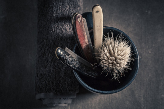 Classic barber equipment with brush, razor, soap