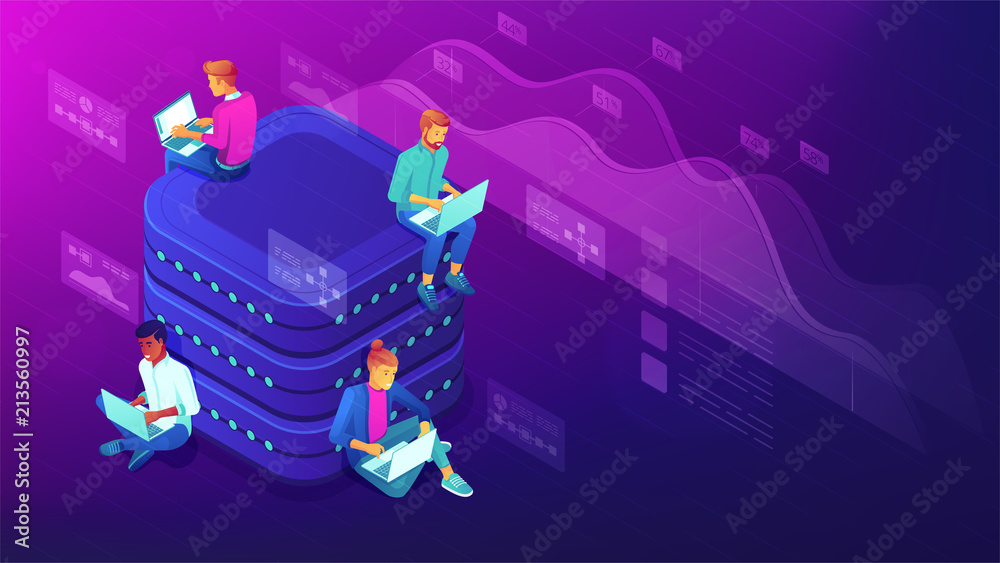 Wall mural isometric data analyst team working on laptops near the big database. big data analysis, market tren