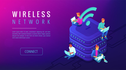 Isometric wireless network landing page. People with laptops working in the same wireless network. Wifi connecting and net configuration concept on ultraviolet background. Vector 3d illustration. - obrazy, fototapety, plakaty