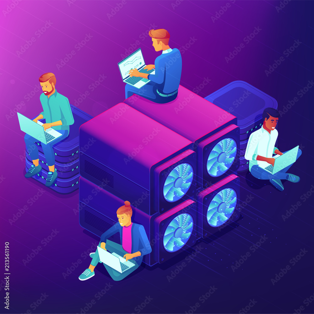 Poster isometric blockchain technology and mining concept. blockchain developers sitting near video card se