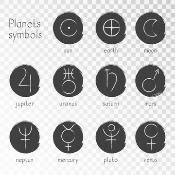 Vector set of grunge icons with astrological planets symbols on a transparent background. Signs collection: sun, earth, moon, saturn, uranus, neptune, jupiter, venus, mars, pluto, mercury. Monochrome.