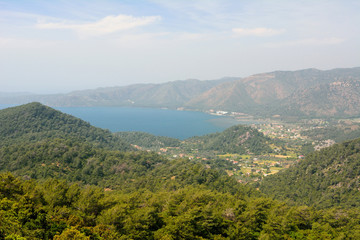Fototapeta premium View over Hisaronu village and Gulf of Hisaronu near Marmaris resort town in Turkey.