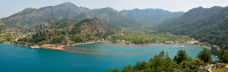 Panoramic view over Orhaniye village and Kizkumu beach near Marmaris resort town in Turkey.