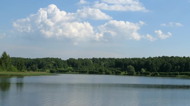 Summer Landscape A Lake With Green Trees And Clouds On Blue Sky