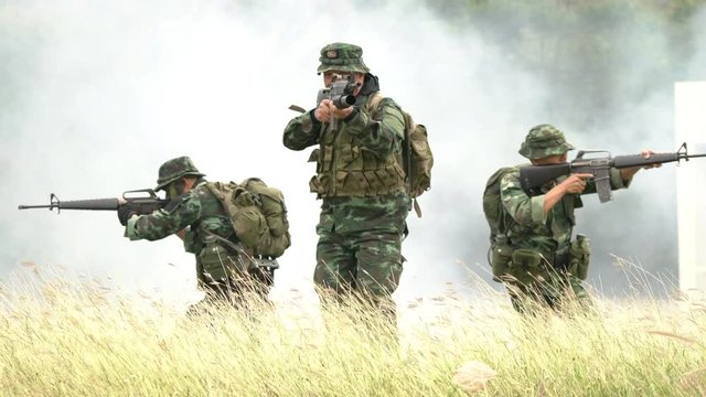 Soldier holding gun weapon and waring armor uniform. The military is responsible for maintaining the territory.