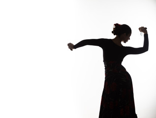 silhouette of spanish girl flamenco dancer on a light background. free space for your text - obrazy, fototapety, plakaty