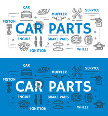 Car parts, vehicle repairing line art promo poster
