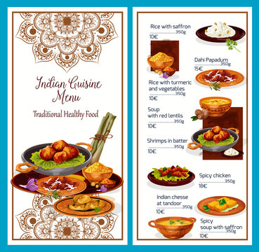 Indian cuisine menu with traditional healthy food