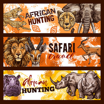 African safari hunting sketch banners with animals