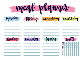 Cute A4 template for weekly and daily meal planner with lettering and hand drawn blobs. Organizer and water check list. Trendy self-organization concept for 2019 with graphic design elements.