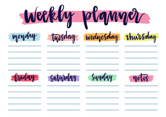 Cute A4 template for weekly and daily planner with lettering and hand drawn blobs. Organizer and schedule with notes. Trendy self-organization concept for 2019 with graphic design elements.