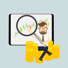 Smart business man sit on money coin and graph Investment concept in flat style.