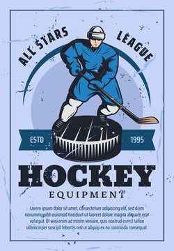 Hockey player with stick and puck retro poster