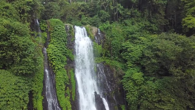 Close up of Banyumala waterfall from below to top located in Bali