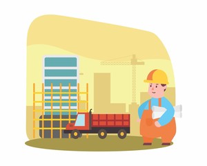 Naklejka premium funny builder contractor handyman foreman engineer repairman labor workman worker construction site cartoon character