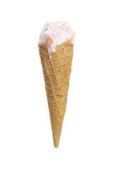 melting strawberry ice cream in waffle cone isolated on white background
