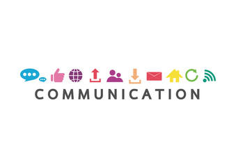 Vector illustration of a communication concept. The word communication with colorful dialog speech bubbles