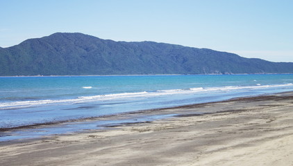 Landscape view of Kapiti Island from Paraparaumu Beach, Wellington, New Zealand.