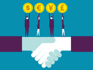 Shaking. Business team holding coin currency sign. Vector illustration business concept, growth, cartoon character.