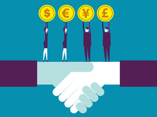 Shaking. Business team holding coin currency sign. Vector illustration business concept, growth, cartoon character.