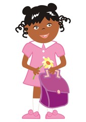 girl and school bag and flower, happy kid, vector illustration
