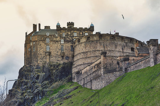 View from the southeast of the Royal Palace and Half Moon Battery of Edinburgh Castle, popular tourist attraction and landmark of Edinburgh,  capital city of Scotland, UK