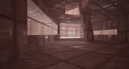 Empty smooth abstract room interior of sheets rusted metal with gray concrete. Architectural background. 3D illustration and rendering