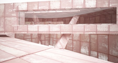 Empty smooth abstract room interior of sheets rusted metal with gray concrete. Architectural background. 3D illustration and rendering