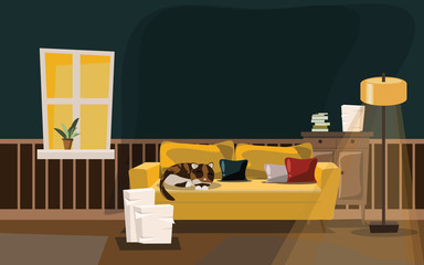 living room with cat on sofa vector illustration 