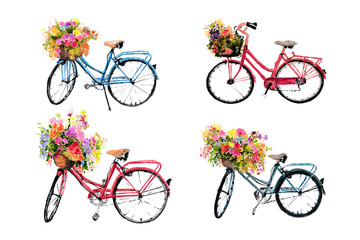 Set of watercolor bicycle with flower on white background, bike art, hand drawn