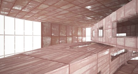 Empty smooth abstract room interior of sheets rusted metal with gray concrete. Architectural background. 3D illustration and rendering