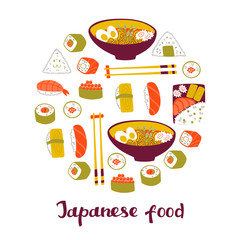 Japan Food Set in Doodle Style. Hand Drawn Vector Illustration Isolated on White Background.