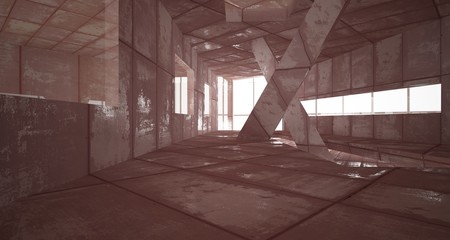 Empty smooth abstract room interior of sheets rusted metal with gray concrete. Architectural background. 3D illustration and rendering
