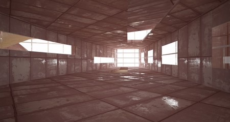 Empty smooth abstract room interior of sheets rusted metal with gray concrete. Architectural background. 3D illustration and rendering