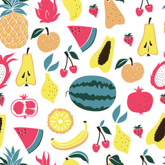 Seamless Pattern with Doodle Tropical Fruits on White Background. Food Vector Illustration.