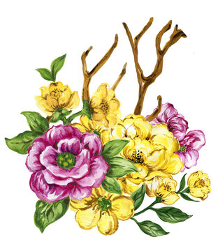 watercolor gouache elegant vintage yellow and purple flower